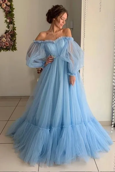 A Line Blue Tulle Off Shoulder Puffy Sleeves Long Prom Dress Evening Dress PD016
