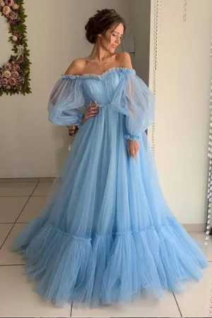 A Line Blue Tulle Off Shoulder Puffy Sleeves Long Prom Dress Evening Dress PD016
