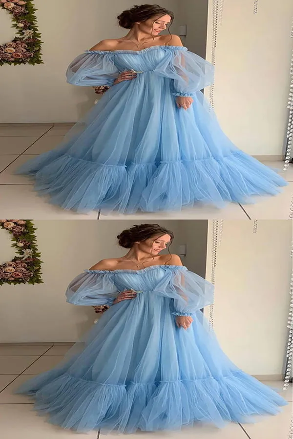 A Line Blue Tulle Off Shoulder Puffy Sleeves Long Prom Dress Evening Dress PD016