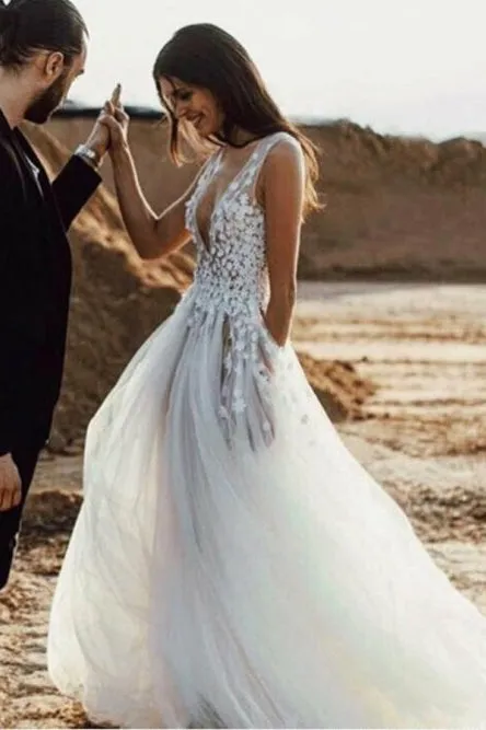 A-Line Deep V-Neck Sweep Train Wedding Dress with Appliques Split OHD024