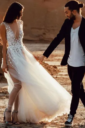 A-Line Deep V-Neck Sweep Train Wedding Dress with Appliques Split OHD024