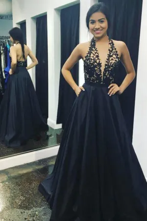 A-Line Halter Backless Navy Blue Prom Dress with Appliques Pockets L057