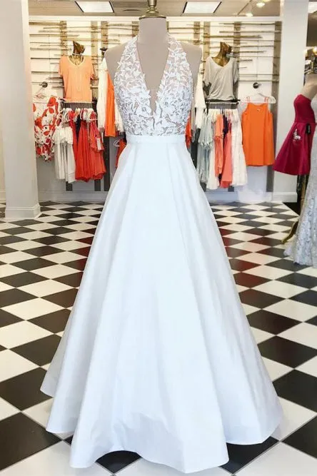 A-Line Halter Backless Navy Blue Prom Dress with Appliques Pockets L057