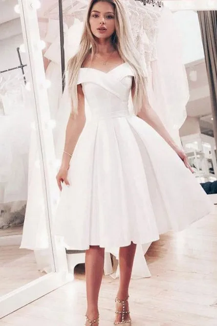 A-Line Off-the-Shoulder White Short Prom Dress with Pleats OHC041