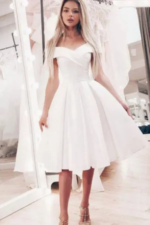 A-Line Off-the-Shoulder White Short Prom Dress with Pleats OHC041