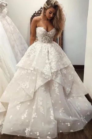 A-Line Sweetheart Sweep Train Wedding Dress with Appliques OHD064
