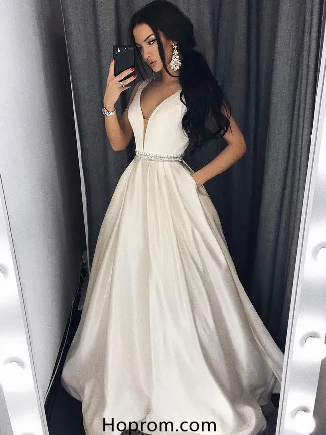 A Line V-Neck Court Train Ivory Satin White Prom Dress Evening Prom Dress