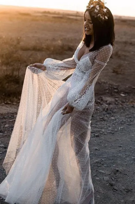 A-Line V-Neck Long Sleeves Floor-Length Wedding Dress with Appliques OHD067