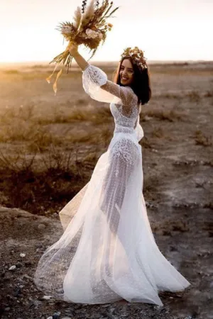 A-Line V-Neck Long Sleeves Floor-Length Wedding Dress with Appliques OHD067