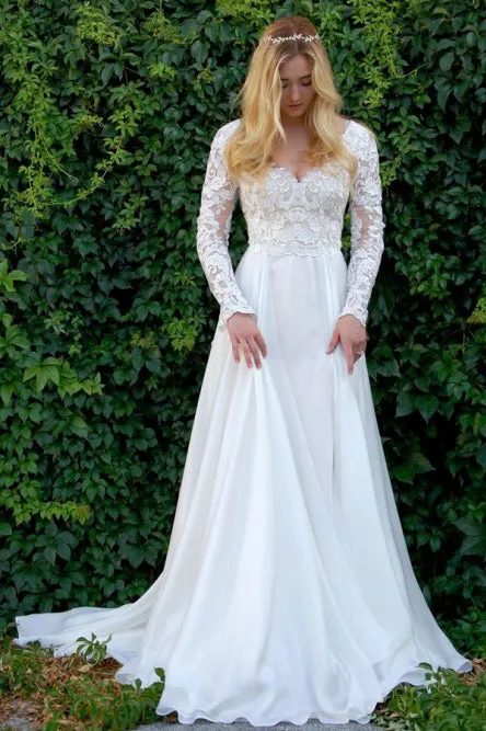 A-Line V-Neck Long Sleeves Sweep Train Wedding Dress with Appliques OHD066