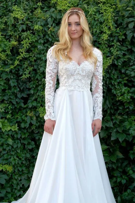 A-Line V-Neck Long Sleeves Sweep Train Wedding Dress with Appliques OHD066