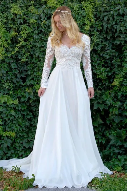 A-Line V-Neck Long Sleeves Sweep Train Wedding Dress with Appliques OHD066