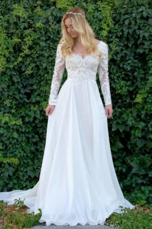 A-Line V-Neck Long Sleeves Sweep Train Wedding Dress with Appliques OHD066