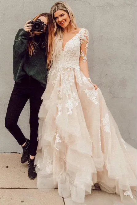 A-Line V-Neck Long Sleeves Sweep Train Wedding Dress with Appliques OHD087