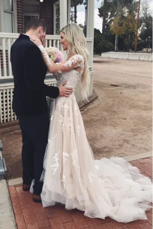A-Line V-Neck Long Sleeves Sweep Train Wedding Dress with Appliques OHD087