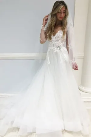 A-Line V-Neck Long Sleeves Sweep Train White Wedding Dress with Appliques OHD004