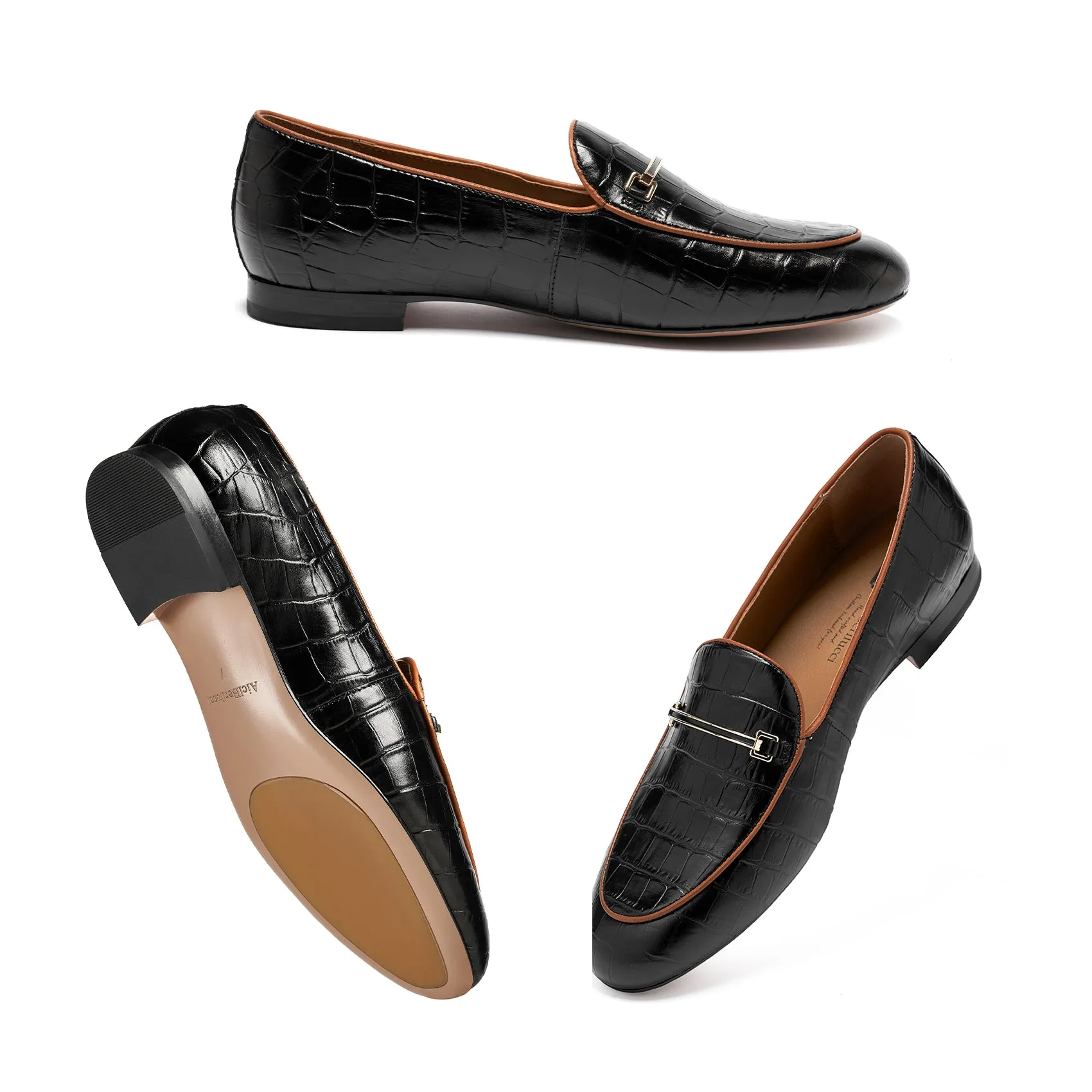 AiciBerllucci-Prime-Black Crocodile Embossed Leather  Women's Loafers & Slip-Ons Comfortable Wide Loafers for Women Casual Women's Flats Driving Shoes
