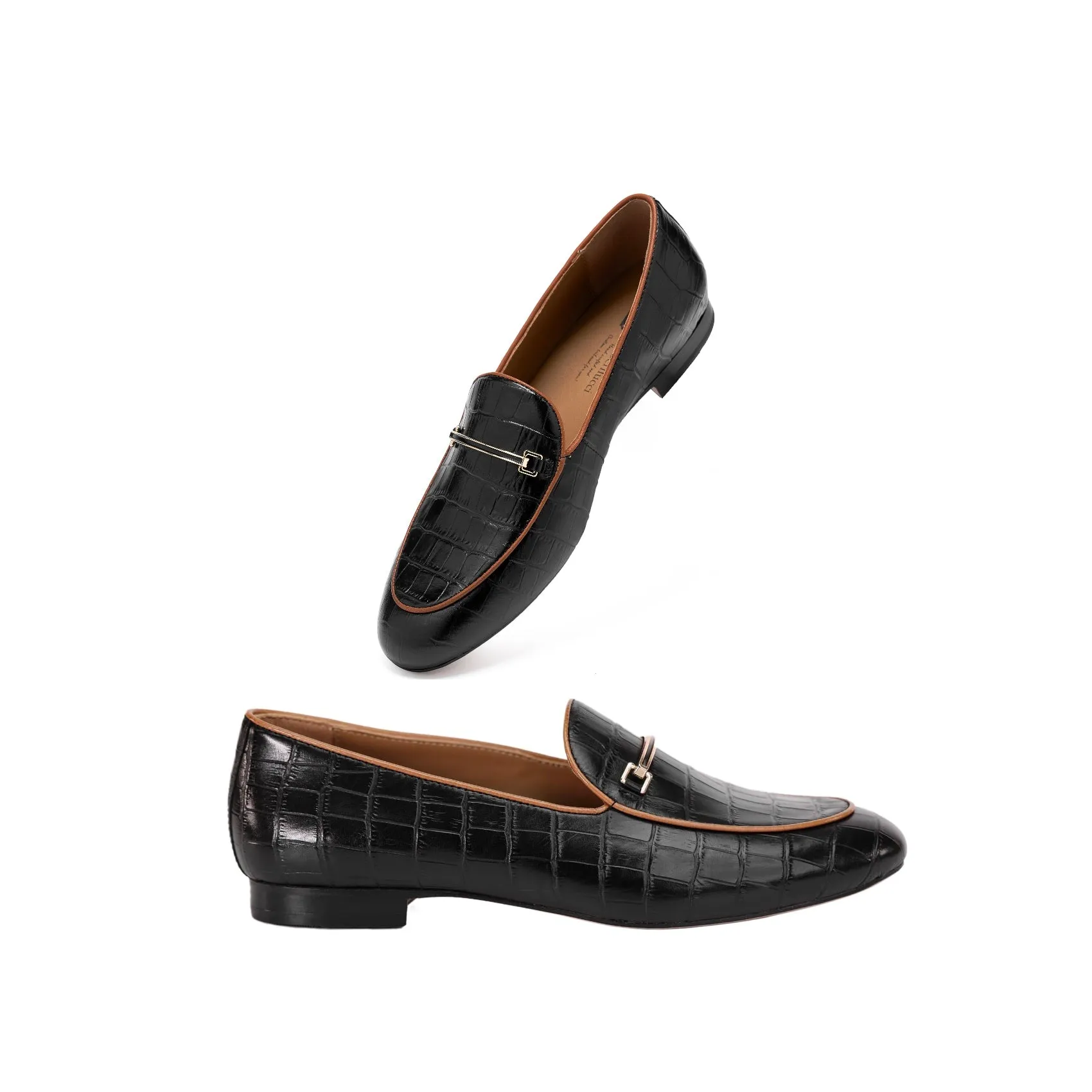 AiciBerllucci-Prime-Black Crocodile Embossed Leather  Women's Loafers & Slip-Ons Comfortable Wide Loafers for Women Casual Women's Flats Driving Shoes