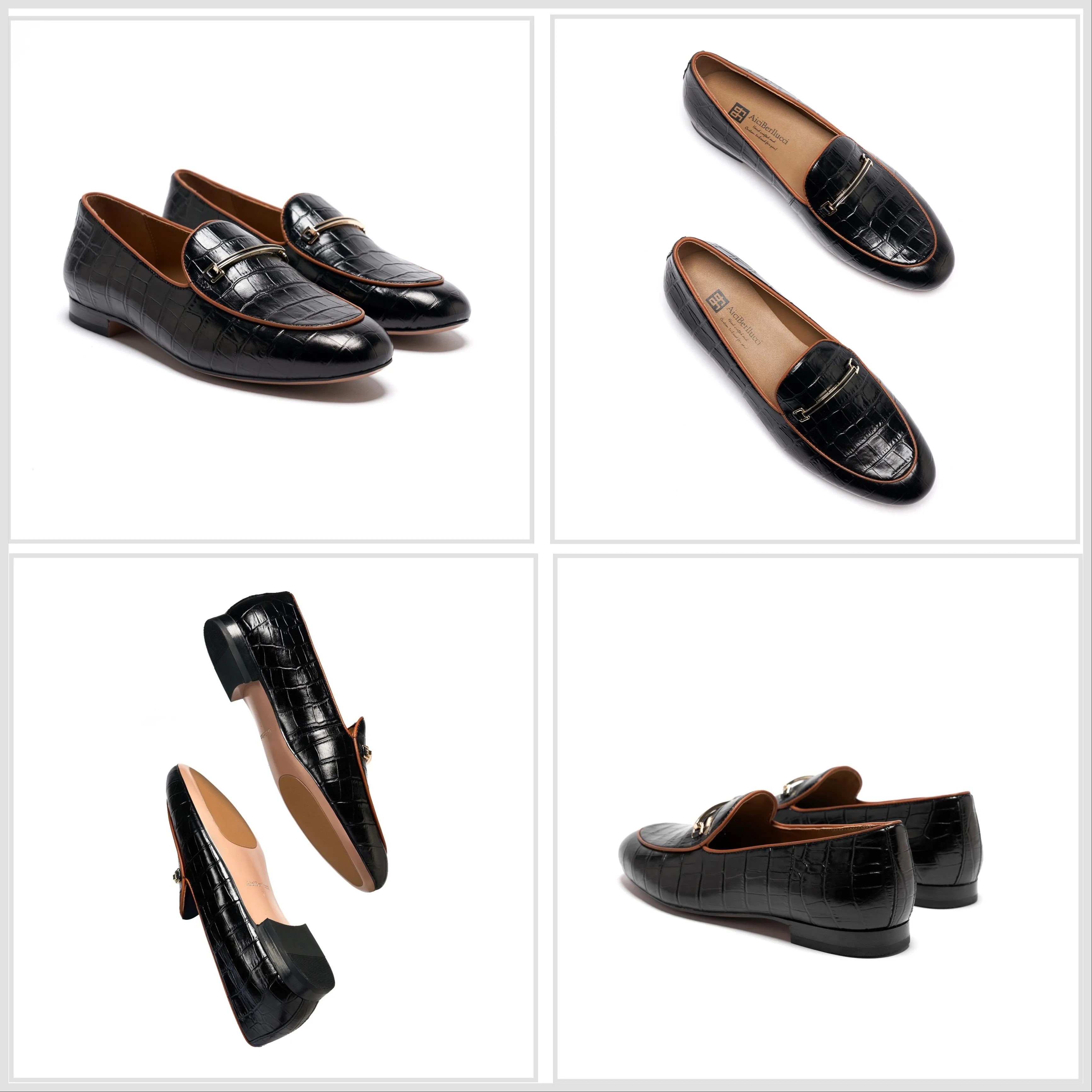 AiciBerllucci-Prime-Black Crocodile Embossed Leather  Women's Loafers & Slip-Ons Comfortable Wide Loafers for Women Casual Women's Flats Driving Shoes