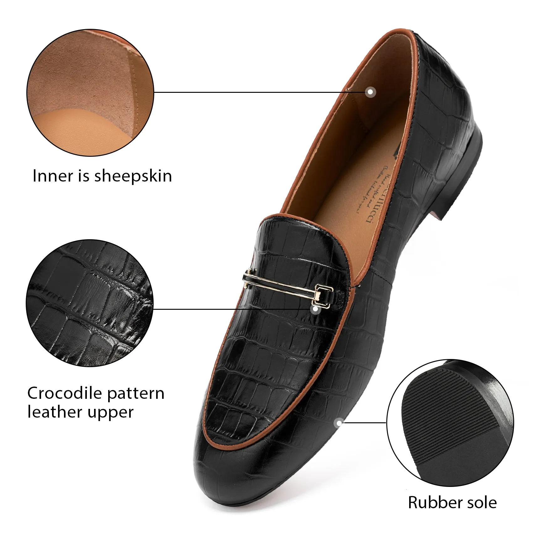 AiciBerllucci-Prime-Black Crocodile Embossed Leather  Women's Loafers & Slip-Ons Comfortable Wide Loafers for Women Casual Women's Flats Driving Shoes