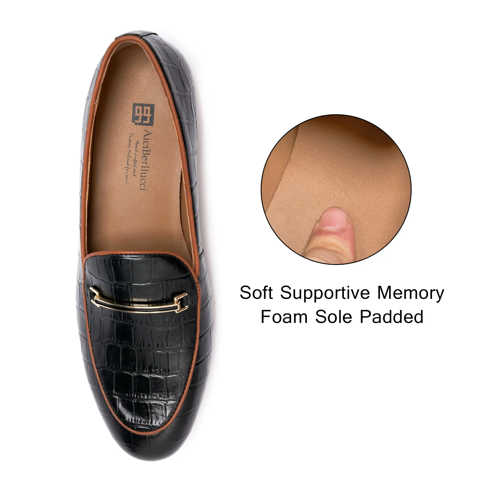 AiciBerllucci-Prime-Black Crocodile Embossed Leather  Women's Loafers & Slip-Ons Comfortable Wide Loafers for Women Casual Women's Flats Driving Shoes