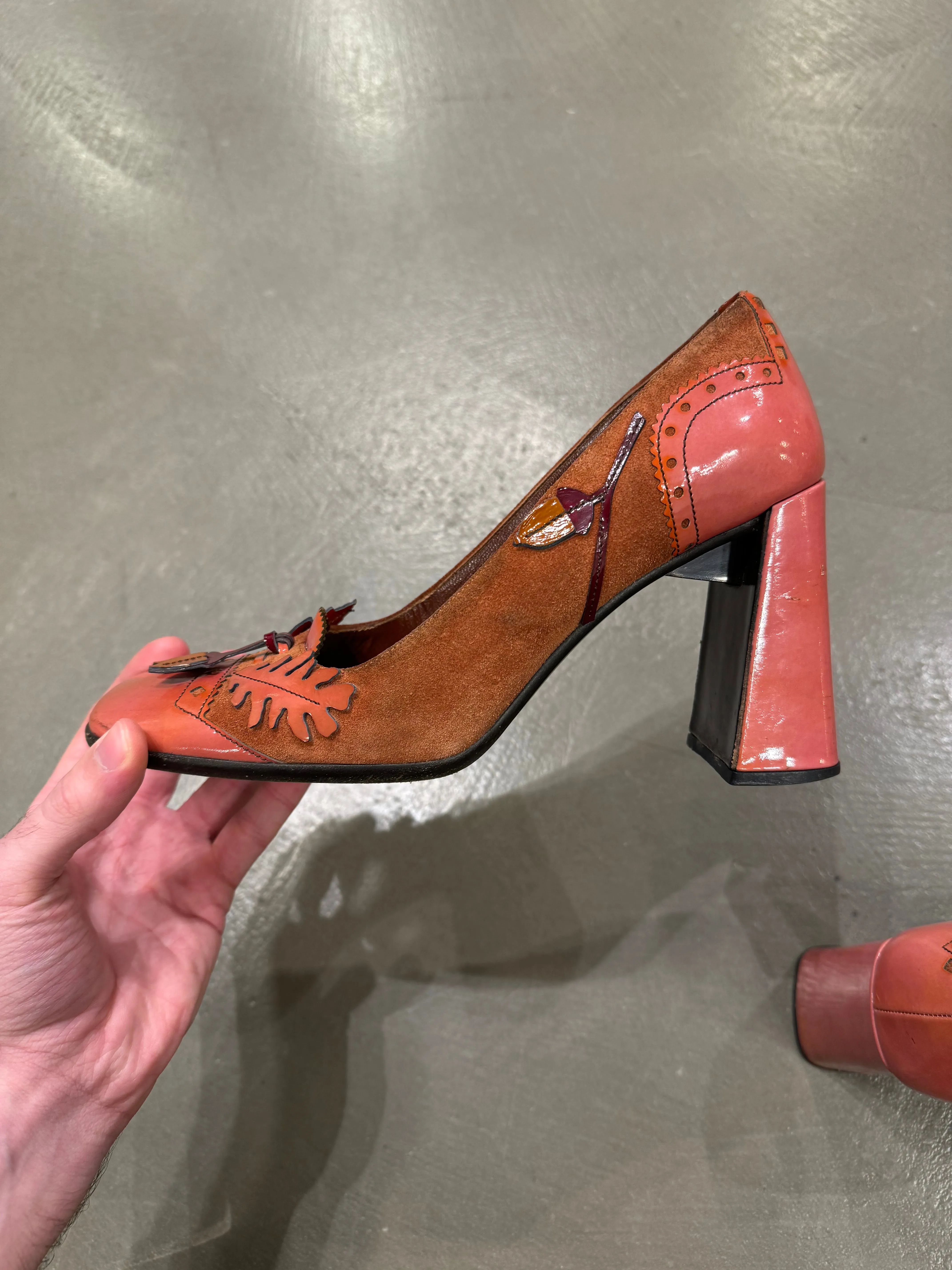 A/W1999 Prada runway acorn and oak leaf suede heels