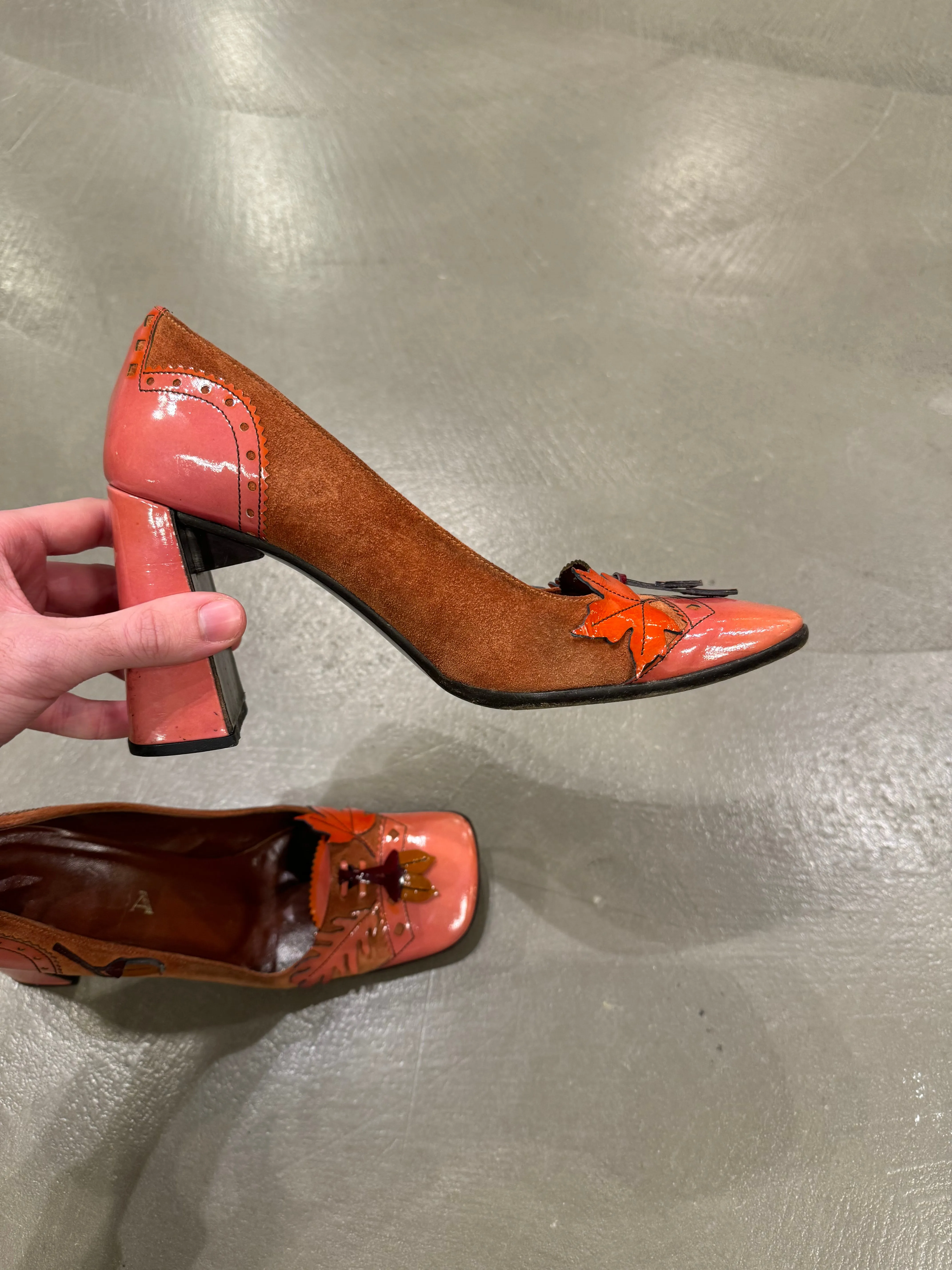 A/W1999 Prada runway acorn and oak leaf suede heels