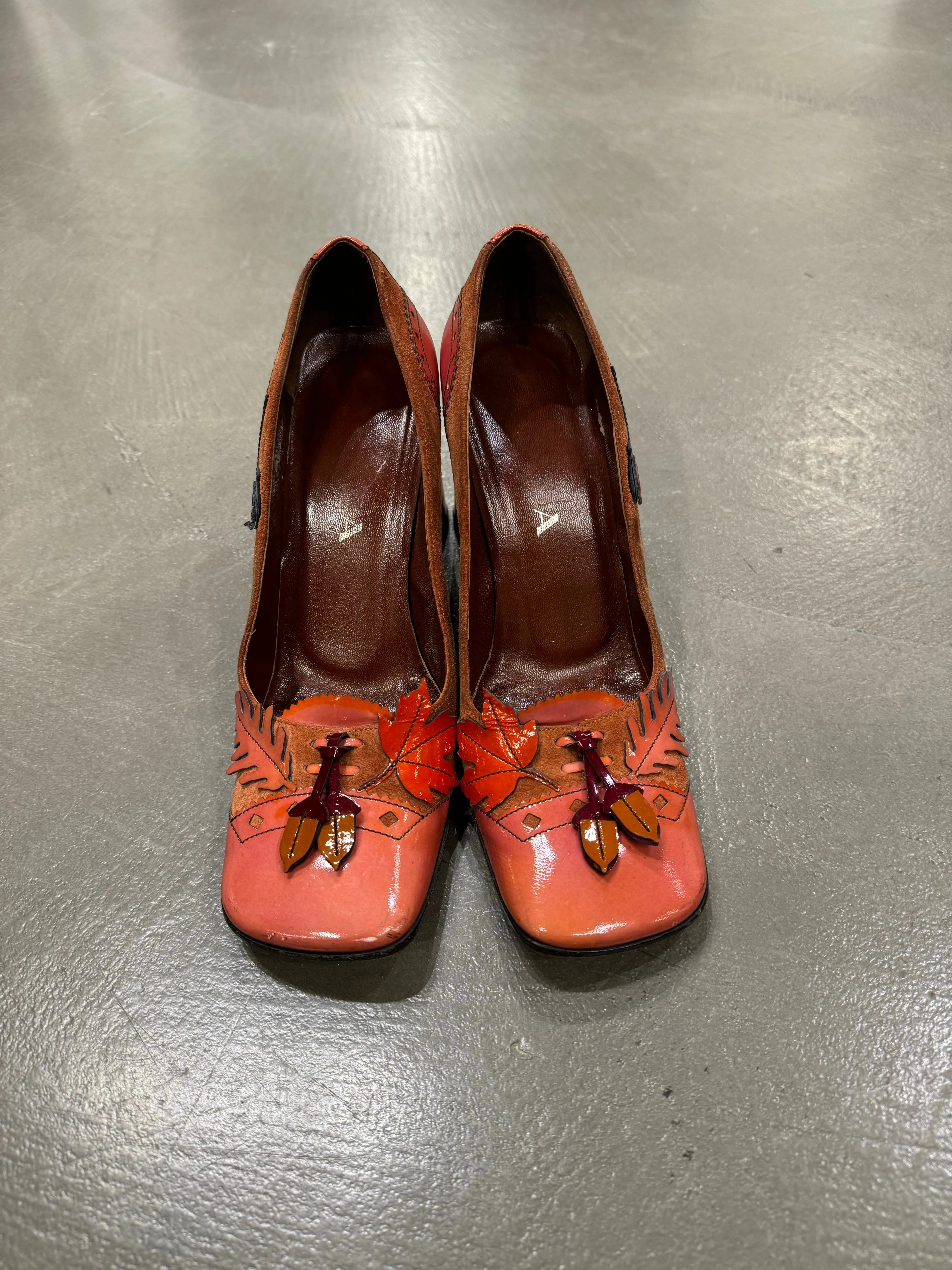 A/W1999 Prada runway acorn and oak leaf suede heels