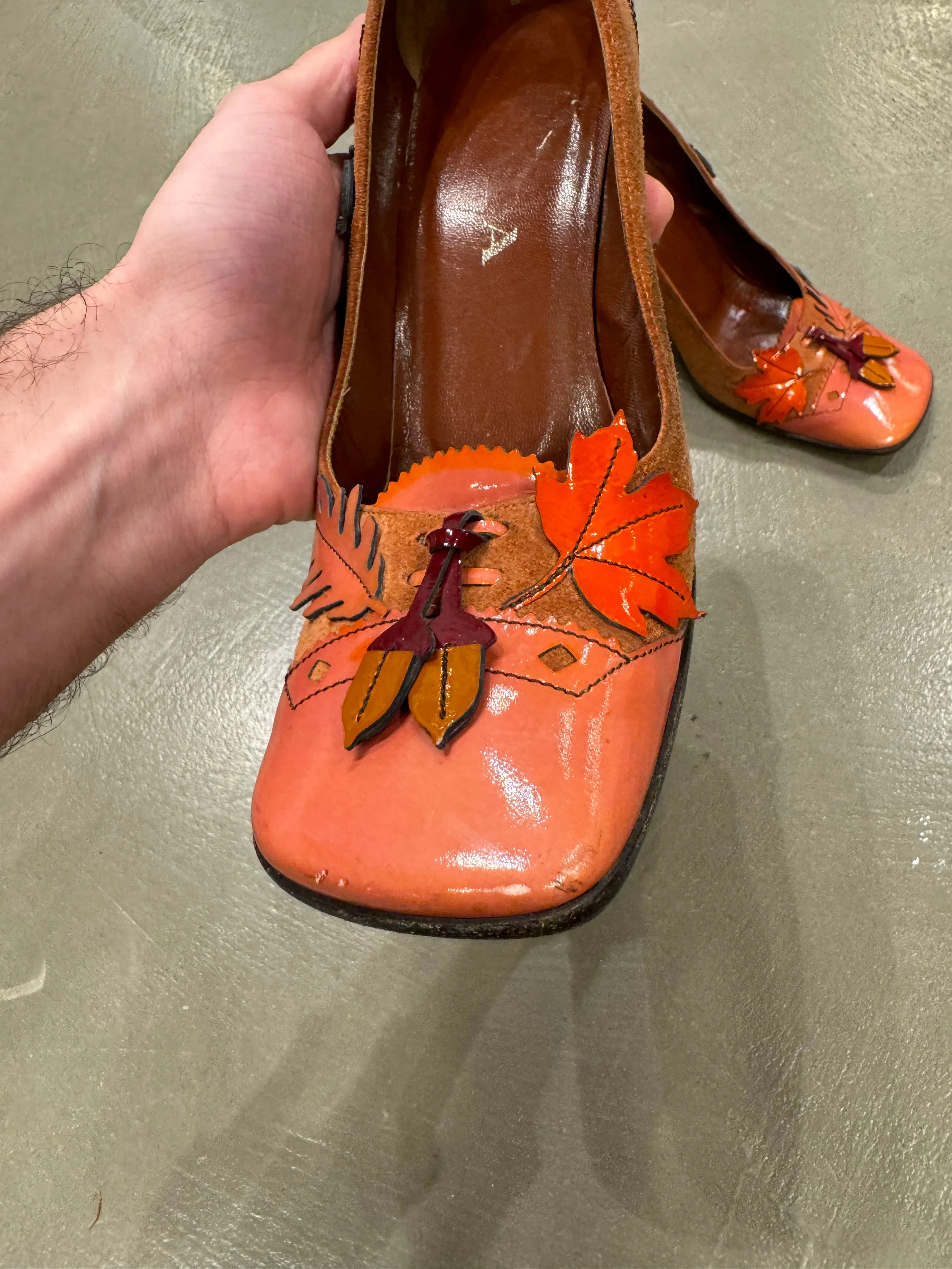 A/W1999 Prada runway acorn and oak leaf suede heels