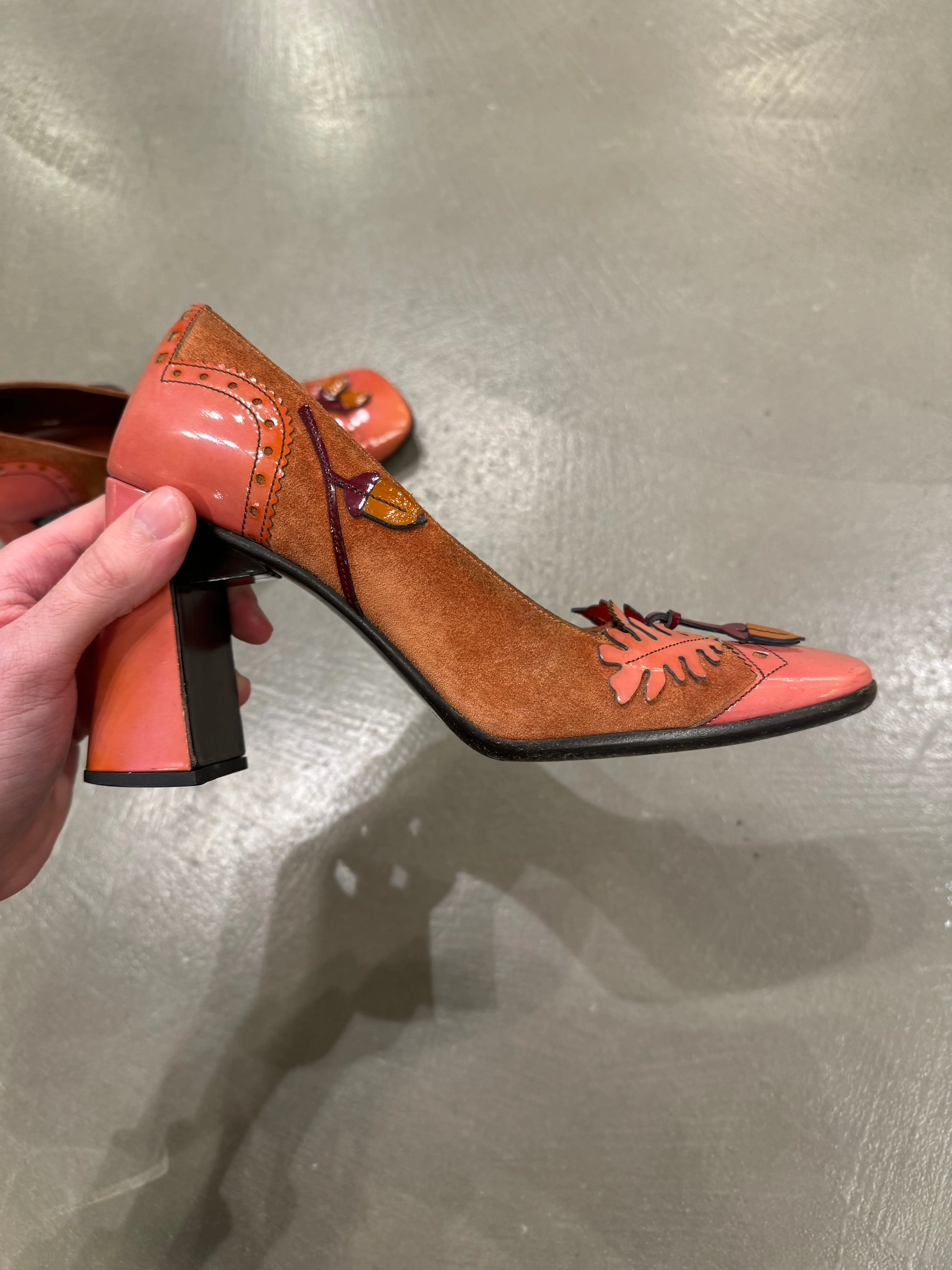 A/W1999 Prada runway acorn and oak leaf suede heels