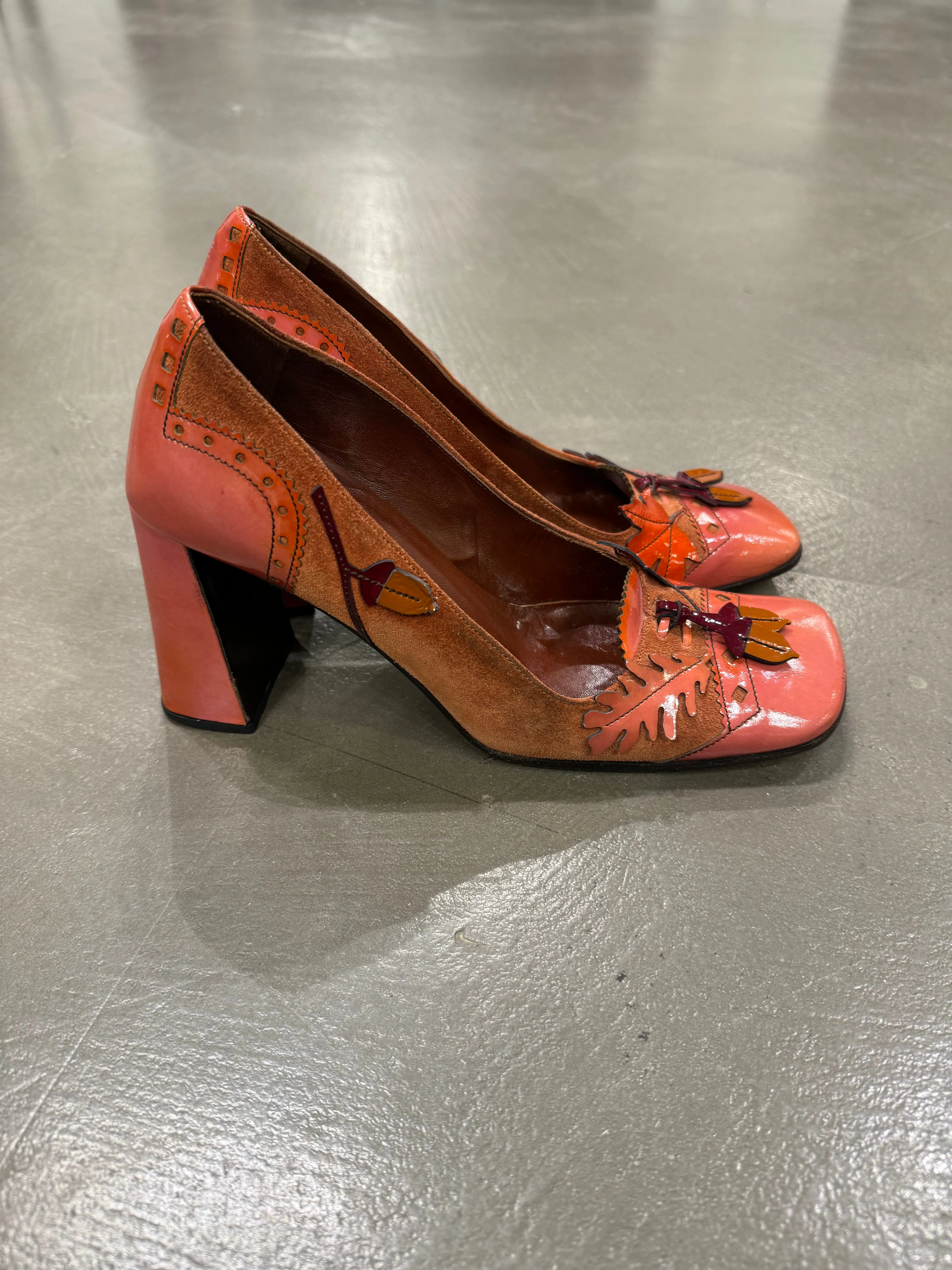 A/W1999 Prada runway acorn and oak leaf suede heels