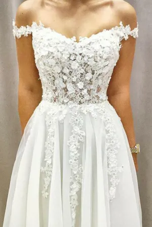 Beautiful A Line Off the Shoulder Sleeveless White Tulle Wedding Dresses with Appliques OHD122