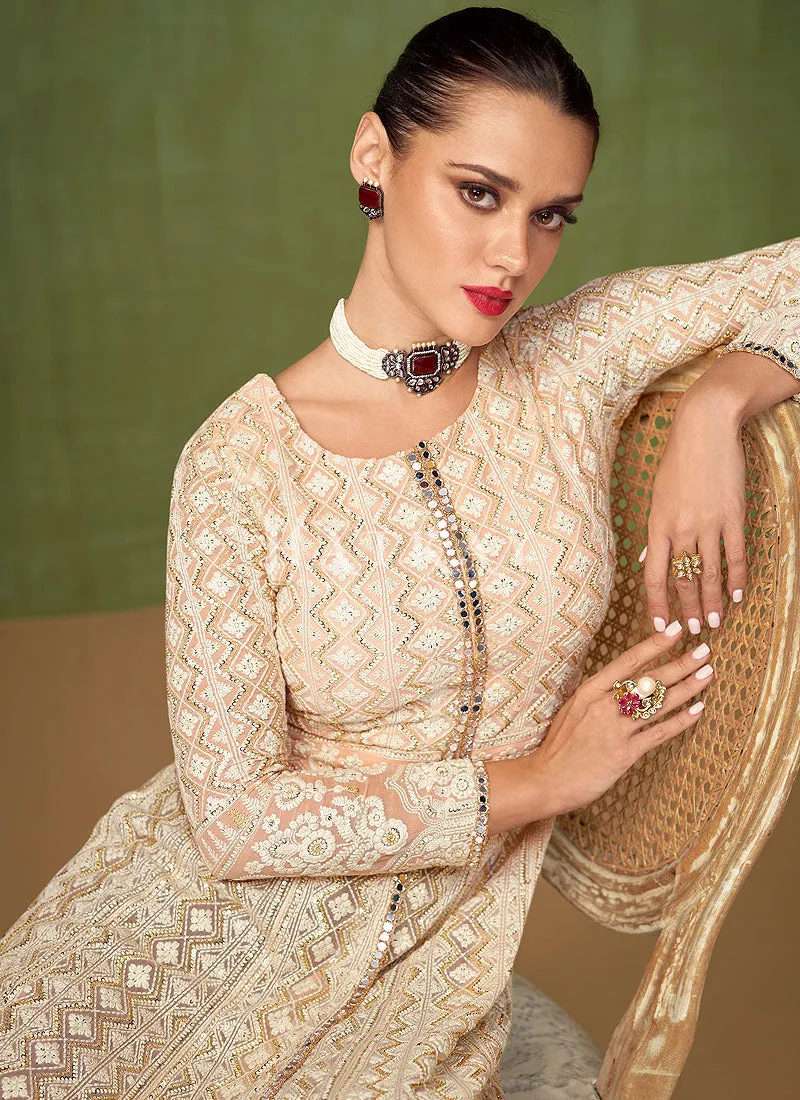 Beige Golden Embroidered Slit Style Anarkali Pant Suit