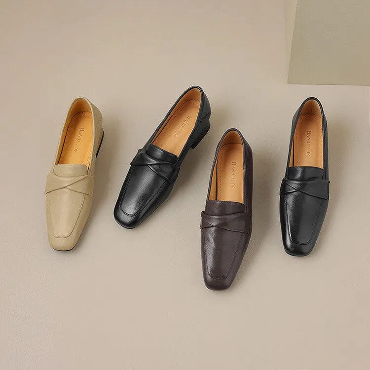 Black Folded Strap Soft Leather Loafers #001119