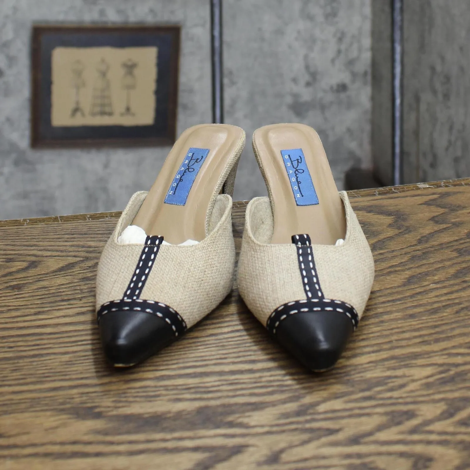 Blue Dragon Womens Vintage Fabric Rectangle Short Heels Brown / Black 6M