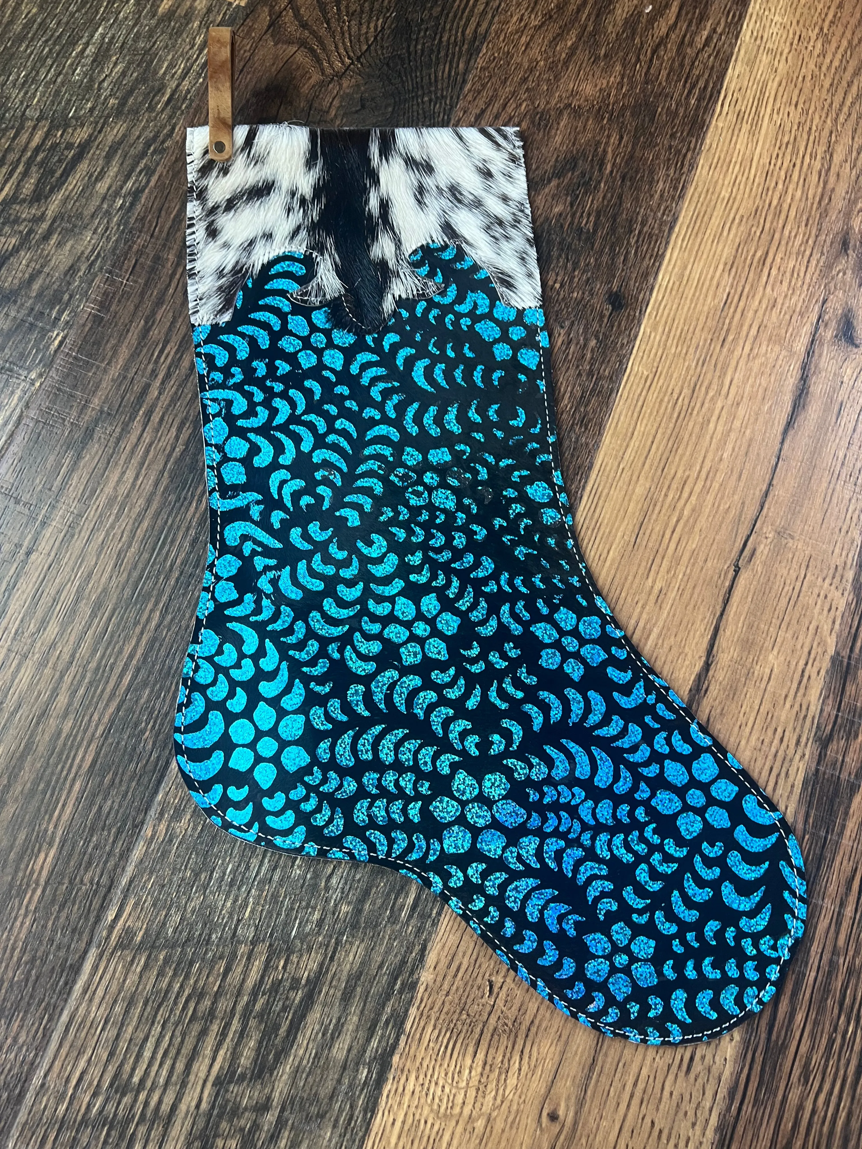 Blue Metallic Glitter Cowhide Christmas Stocking