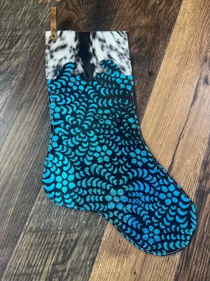 Blue Metallic Glitter Cowhide Christmas Stocking