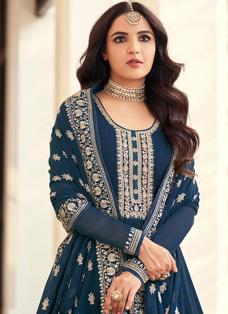 Blue Twisted Embroidery Designer Anarkali Suit
