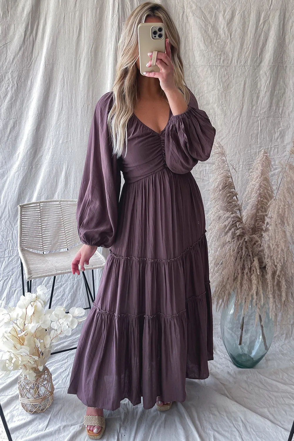 Brown V Neck Bowknot Cutout Frill Tiered Maxi Dress