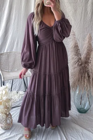 Brown V Neck Bowknot Cutout Frill Tiered Maxi Dress