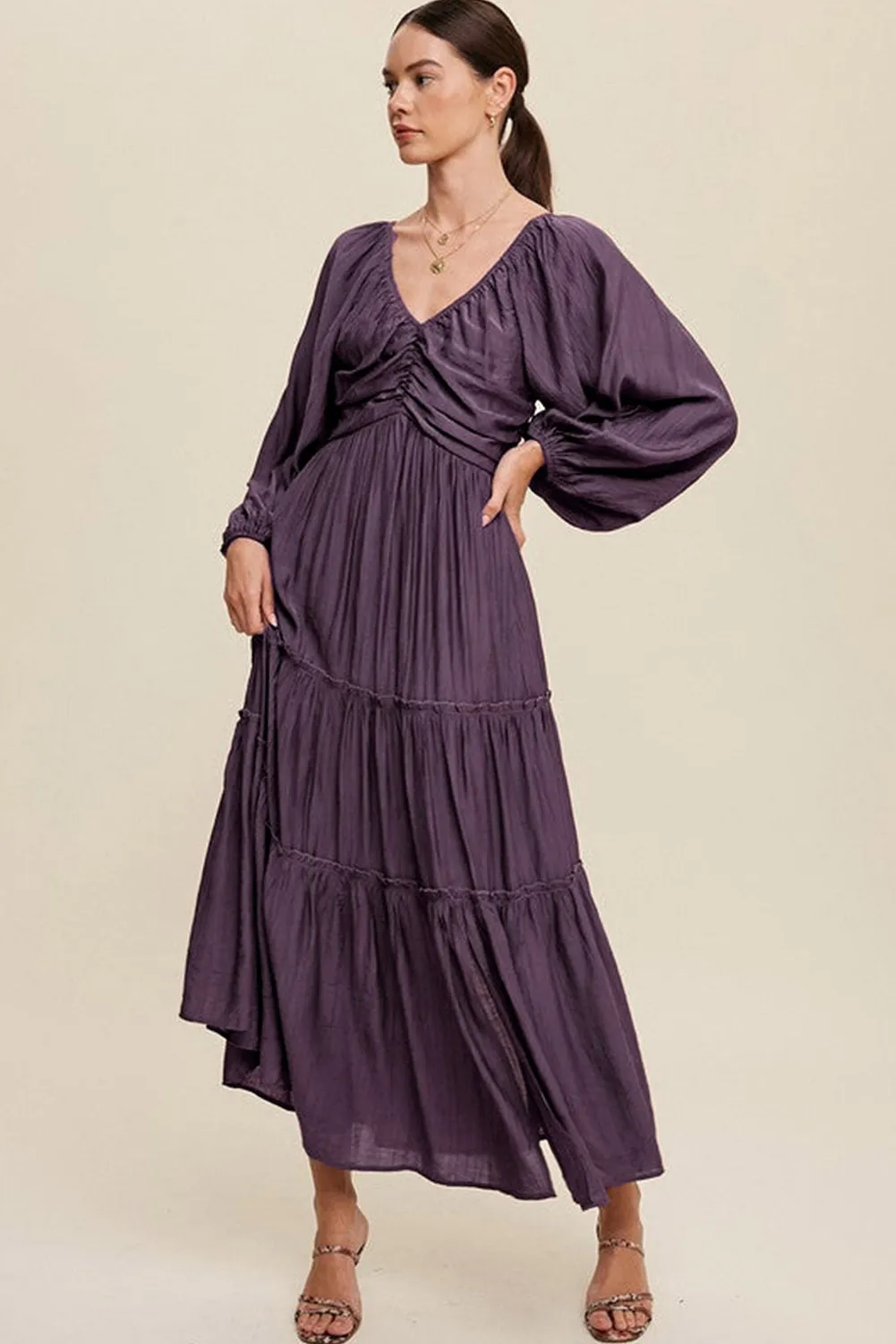 Brown V Neck Bowknot Cutout Frill Tiered Maxi Dress