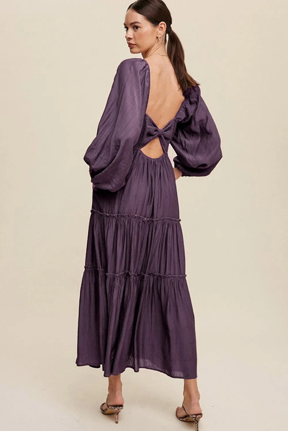 Brown V Neck Bowknot Cutout Frill Tiered Maxi Dress