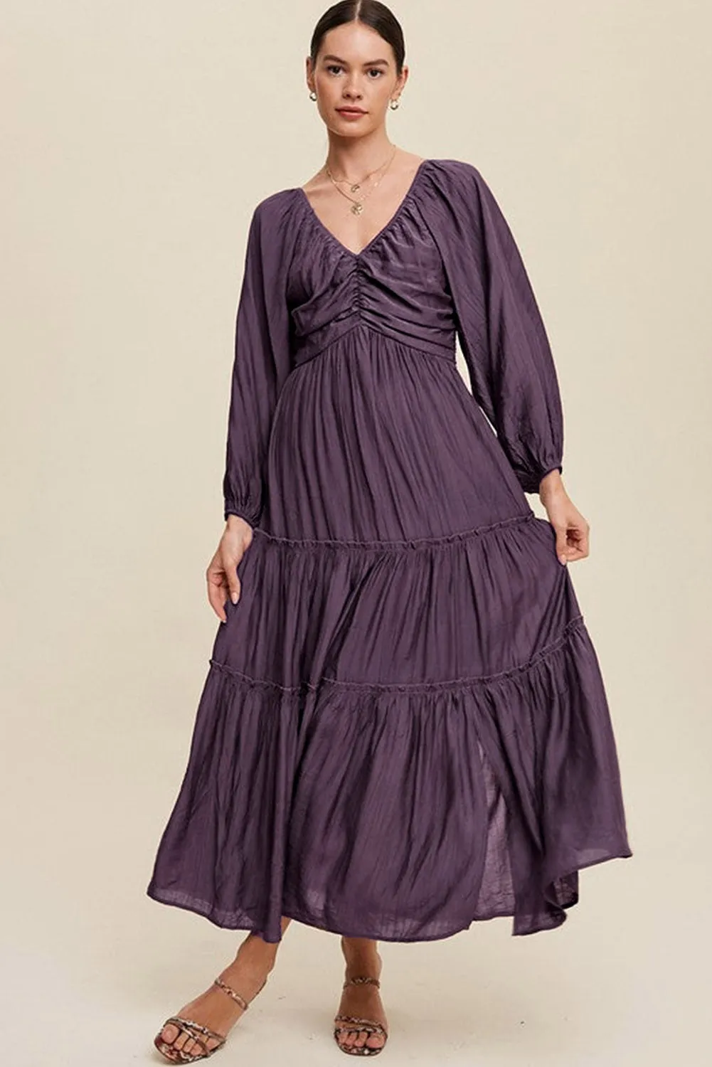 Brown V Neck Bowknot Cutout Frill Tiered Maxi Dress