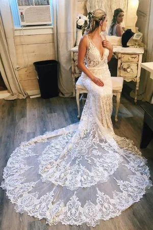 Charming Mermaid V Neck Sweep Train Sleeveless White Tulle Wedding Dresses OHD121