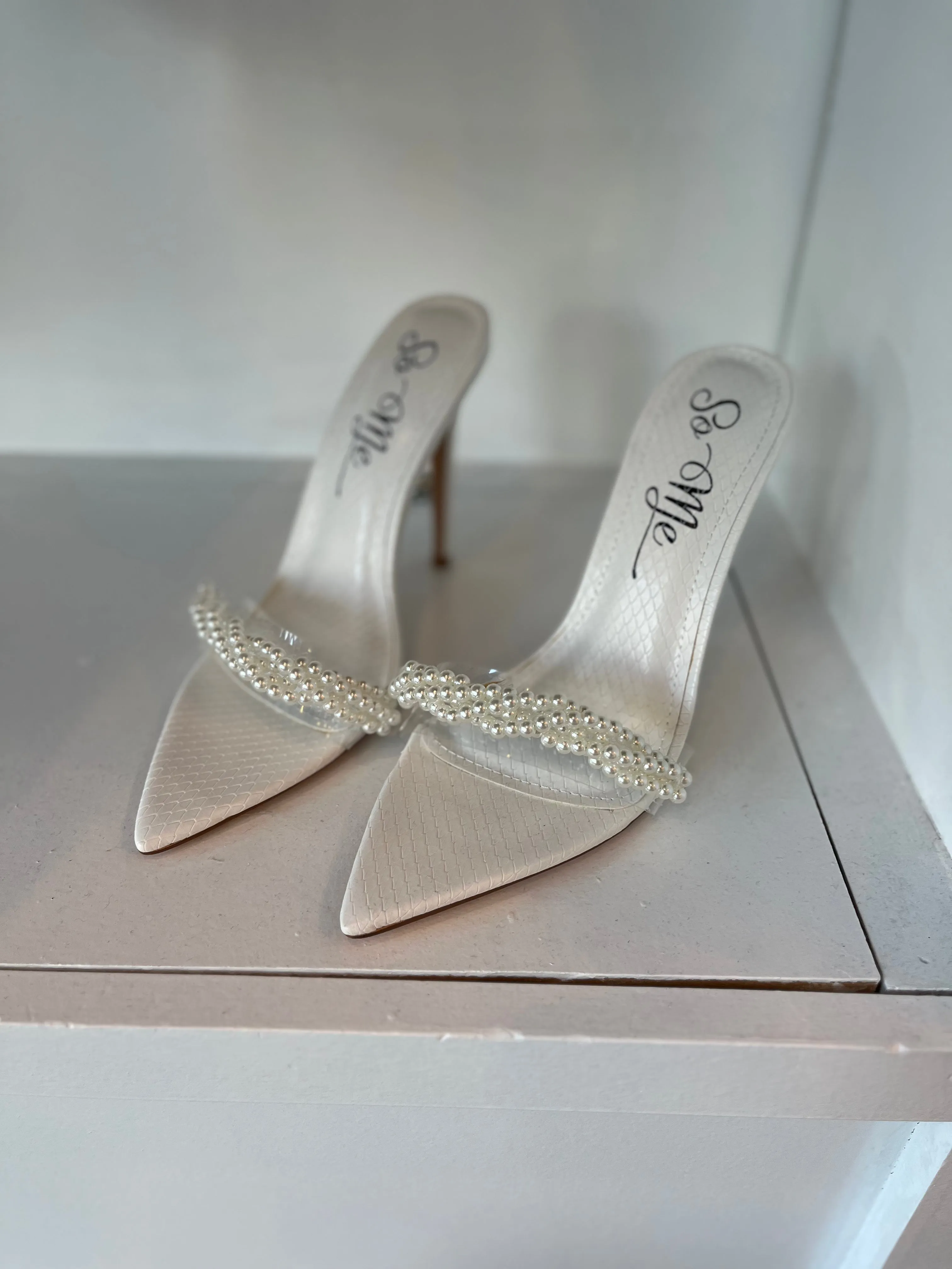 Clear Strap White Pearl Heels