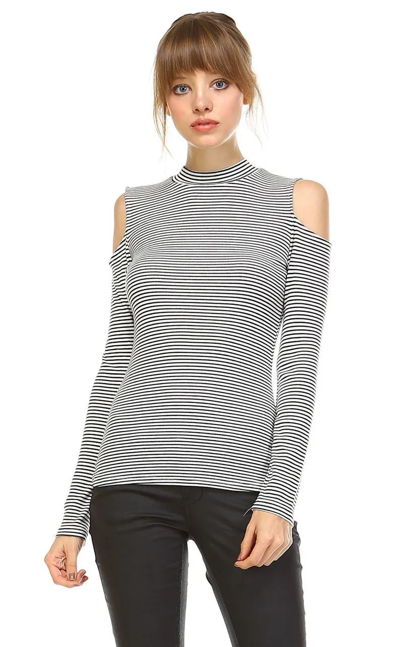 Cold Shoulder Top Long Sleeve Stripe White Black