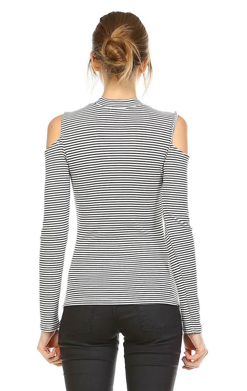 Cold Shoulder Top Long Sleeve Stripe White Black