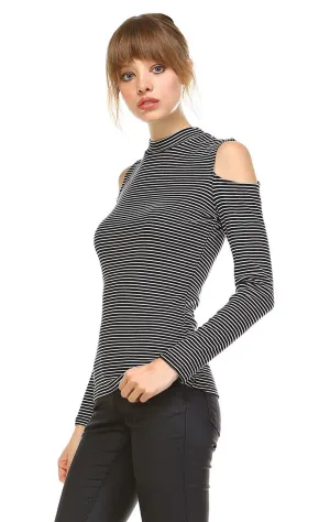 Cold Shoulder Top Long Sleeve Stripe White Black