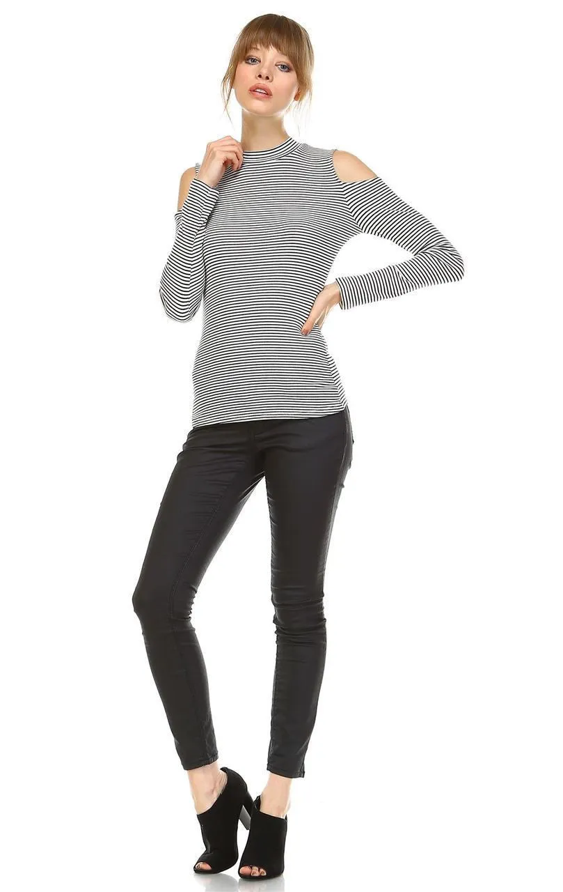 Cold Shoulder Top Long Sleeve Stripe White Black