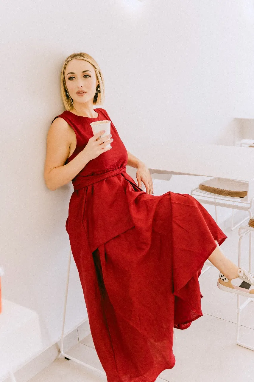 Crimson Breeze Linen Pocket Dress